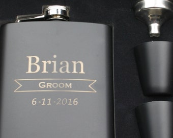 Elegant Black Stainless Steel Hip Flask Gift Set with a Gift Box - 7 ounces - Custom Laser Engraved - Choice of Three Designs - ANY QUANTITY