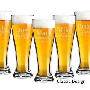 Custom Engraved Wedding Design on a Pilsner 16 ounce Beer Glass Set of 5 Choice of Four Designs Personalized Custom Engraved Classic (Photo 3)
