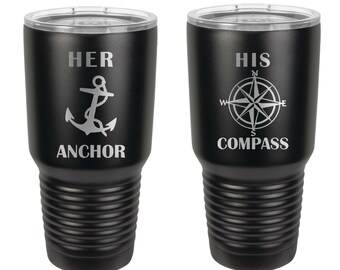 Her Anchor His Compass Tumblers - Set of 2 - Stainless Steel Engraved with Clear Lid - Choices of 12 - 20 - 30 ounce, Color, Name & Date