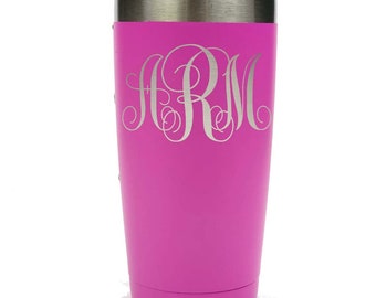 Monogram 3 Letter Tumbler - Stainless Steel with Clear Lid - Choices of 12 - 20 - 30 ounce, Color & Spill Proof Slide Lid – Engraved Gift