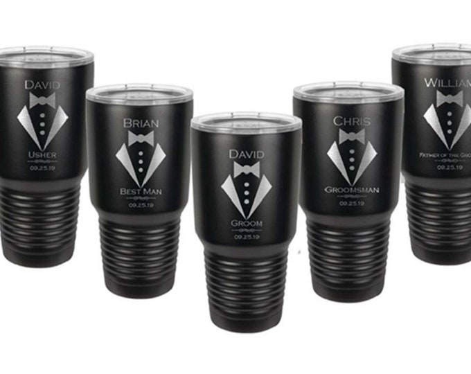 Groomsmen Tumblers - Set of 8 - Stainless Steel with Clear Lid - 30 ounce - Custom Engraved - Choice of Colors & Design - Bridesmaid Gift