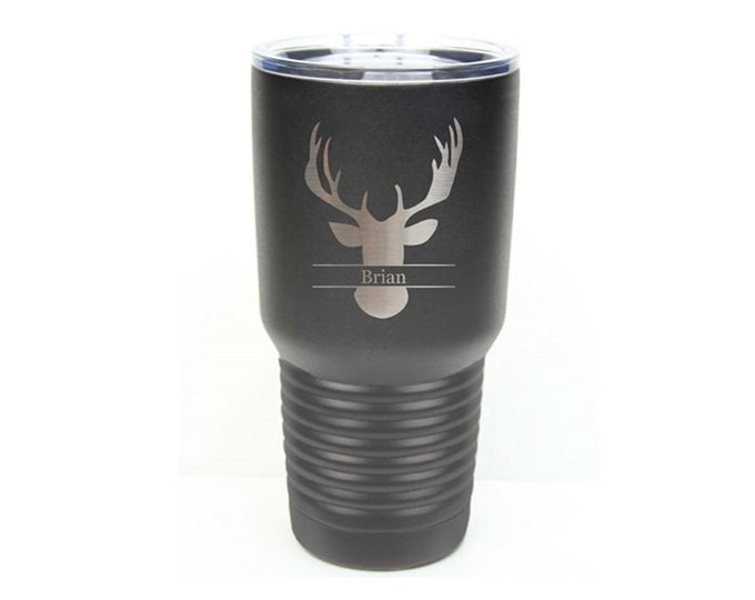 Deer Head Design Laser Engraved Stainless Steel Tumbler with a Clear Lid - Choices of 12 - 20 - 30 ounce, Color, Text & Spill Proof Lid