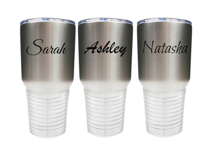 Name Tumbler - Stainless Steel Laser Engraved with Clear Lid - Choices of 12 - 20 - 30 oz Tumbler, Color, Name, Date, Font & Spill Proof Lid