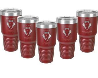 Bridal Party 30 oz Stainless Steel Tumbler with Choice of Twelve Designs & Tumbler Color - Laser Engraved and a Clear Lid - Sets of 4 to 15