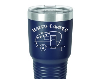 Camper RV Tumbler made of Stainless Steel with a Clear Lid - Laser Engraved - Choice of Four Sizes of Tumblers, Three Designs, Font & Color
