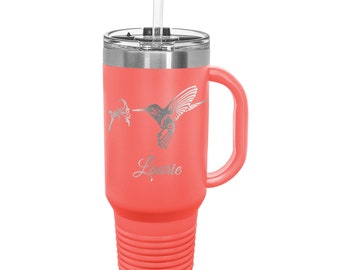 Hummingbird Tumbler with Name of your choice Stainless Steel with a Snap Lid and Straw 40 ounce Laser Engraved Choice of Color