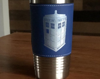 Dr. Who Inspired Tardis Police Box - Stainless Steel Tumbler w/Clear Lid - Choice of 10 - 12 - 20 - 30 ounce, Colors, Name, Date & Font