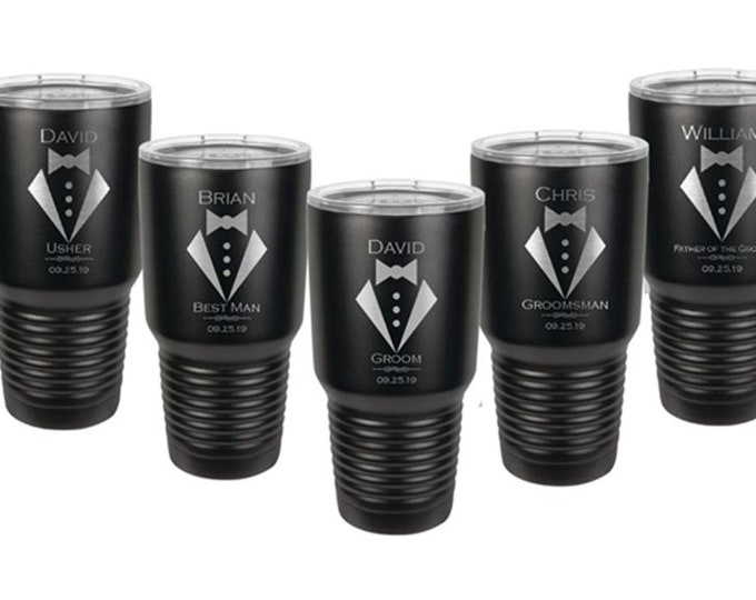 Tuxedo Design Tumbler made of Stainless Steel with a Clear Lid - Laser Engraved - Choices of 12 - 20 - 30 ounce, Color and Spill Proof Lid