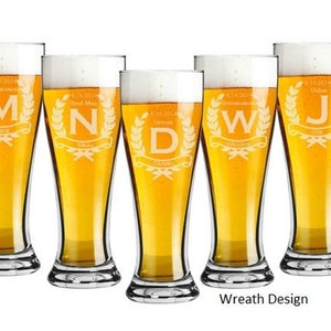 Custom Engraved Wedding Design on a Pilsner 16 ounce Beer Glass Set of 5 Choice of Four Designs Personalized Custom Engraved Wreath (Photo 1)