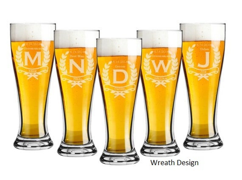 Custom Engraved Wedding Design on a Pilsner 16 ounce Beer Glass Set of 5 Choice of Four Designs Personalized Custom Engraved Wreath (Photo 1)