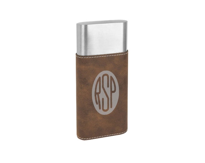 Cigar Case with Cutter made of Stainless Steel wrapped in Leatherette Laser Engraved including Choices of Seven Colors, Four Designs