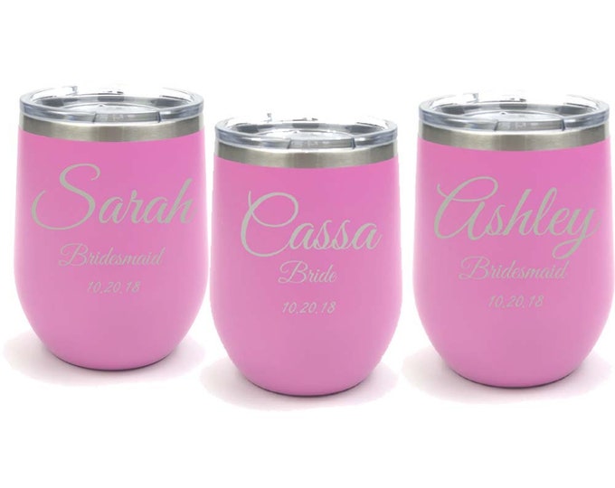 Elegant Design Wedding Party Tumbler made of Stainless Steel with a Clear Lid Engraved - Choices of Tumbler Size, Color & Spill Proof Lid