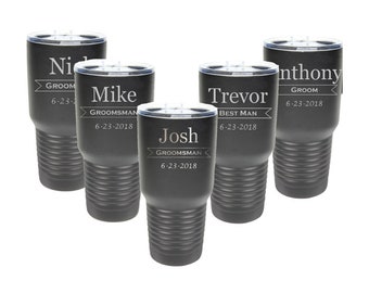 Groomsman Gift 30 ounce Tumbler Sets of 4 to 15 Custom Laser Engraved Stainless Steel with a Clear Lid and Choices of Color, Title & Date
