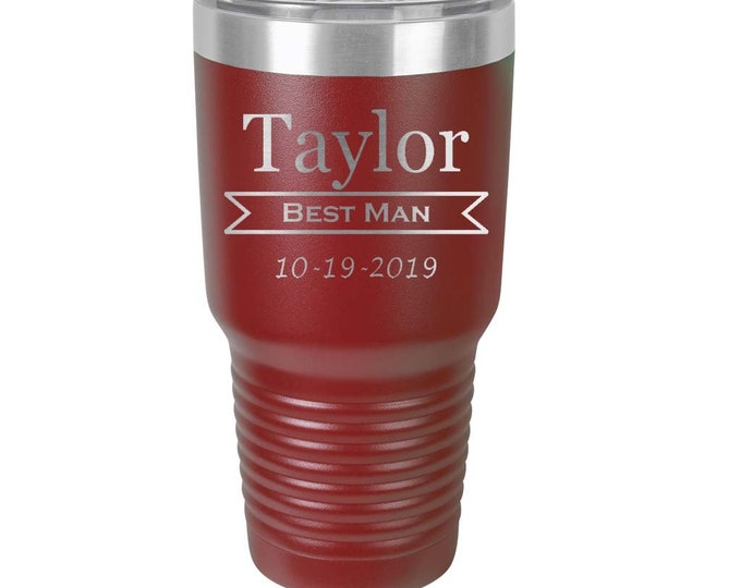 Groomsmen Tumbler - Stainless Steel w/Clear Lid - Choices of 10 - 12 - 20 - 30 ounce, Color, Design, Name, Title, Date & Spill Proof Lid