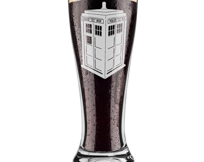 Dr. Who Inspired Police Box Tardis Pilsner 16 ounce Pint Beer Glass Laser Engraved including Choice of Text