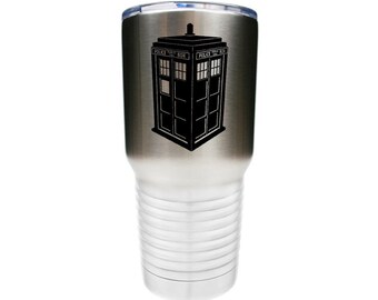 Dr. Who Inspired Tardis Police Box - Stainless Steel Tumbler with a Clear Lid - Choices of 10 - 12 - 20 - 30 ounce, Color, Text & Font