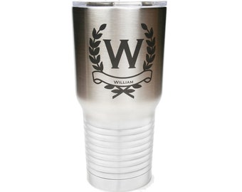 Wreath Design Name Tumbler - Double Wall Stainless Steel Laser Engraved with Clear Lid - Choices of 12 - 20 - 30 oz, Color & Spill Proof Lid