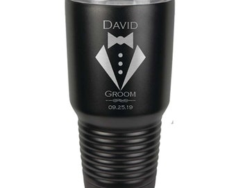 Tuxedo Design Stainless Steel 30 oz Tumbler Custom Engraved with Clear Lid including Choices of Color, Spill Proof Lid & Straw