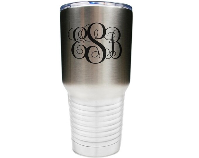 Monogram Stainless Steel Tumbler Custom Engraved with a Clear Lid - Choices of 10, 12, 20, 30 ounce, 20 oz Pilsner, Color & Spill Proof Lid