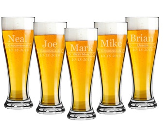 Groomsmen Gift - Pilsner 16 ounce  Beer Glasses - Set of 10 - Choice of Design - Personalized Custom Engraved, Bridal Party, Bridesmaid Gift