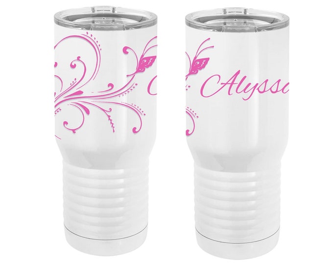 Butterfly Design on a White 20 ounce Tumbler - Stainless Steel with a Clear Lid including Choice of Thirty-five Design Colors - Dye Process