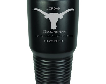 Texas Longhorn Tumbler - Groomsman Gift - Stainless Steel w/Clear Lid - Choice of 12 - 20 - 30 oz, Color, Font & Spill Proof Lid - Engraved