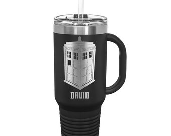 Police Box Tumbler made of Stainless Steel with a Snap Lid and Straw 40 ounce Laser Engraved Choice of Color