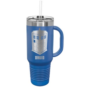 Police Box Tumbler made of Stainless Steel with a Snap Lid and Straw 40 ounce Laser Engraved Choice of Color