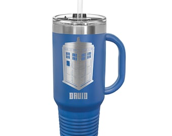 Police Box Tumbler made of Stainless Steel with a Snap Lid and Straw 40 ounce Laser Engraved Choice of Color