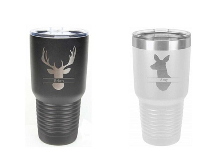 Buck and Doe Design Tumblers for the Couple 30 oz with Clear Lids - Set of 2 - Stainless Steel Laser Engraved Choices of Color, Font & Text