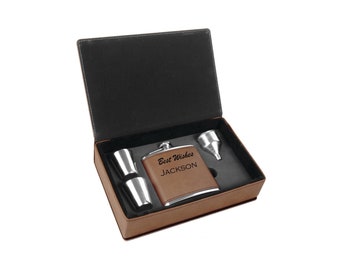 Groomsman Gift - Flask Set -  6 oz - Stainless Steel with a Leatherette Gift Box - Custom Engraved - Choices of Color, Text & Engraved Lid