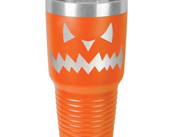 Jack-O-Lantern Tumbler made of Stainless Steel Custom Engraved with a Clear Lid - Choices of 12 - 20 - 30 ounce, Color & Your Text