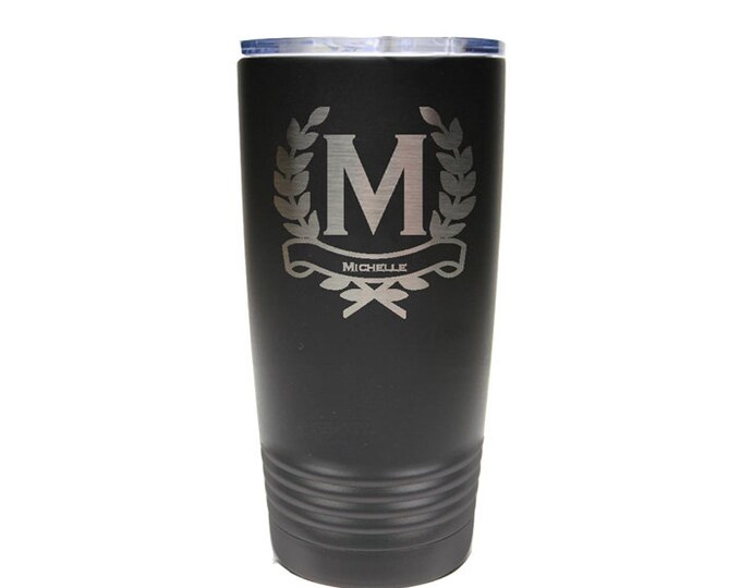 Wreath Design Name Tumbler made of Stainless Steel Custom Engraved with a Clear Lid - Choices of 12 - 20 - 30 oz, Color & Spill Proof Lid