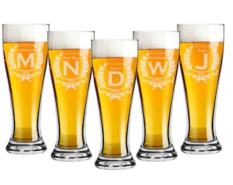 Custom Engraved Wedding Design on a Pilsner 16 ounce Beer Glass - Set of 5 - Choice of Four Designs - Personalized Custom Engraved