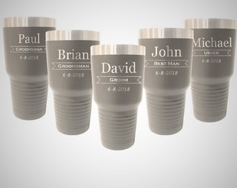 Sets of 2 to 15 Groomsman Tumblers 30 ounce Stainless Steel Custom Engraved with a Clear Lid including Choices of Design, Color and Text