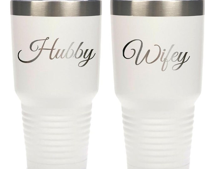 Hubby Wifey Tumblers - Set of 2 Stainless Steel with a Clear Lid - Choices of 12 - 20 - 30 oz, Color, Name & Spill Proof Lid - Engraved Gift