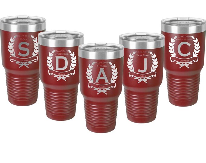 Groomsmen Tumbler - Stainless Steel Custom Engraved with a Clear Lid - Choices of 12 - 20 - 30 ounce, Color, Design & Spill Proof Lid