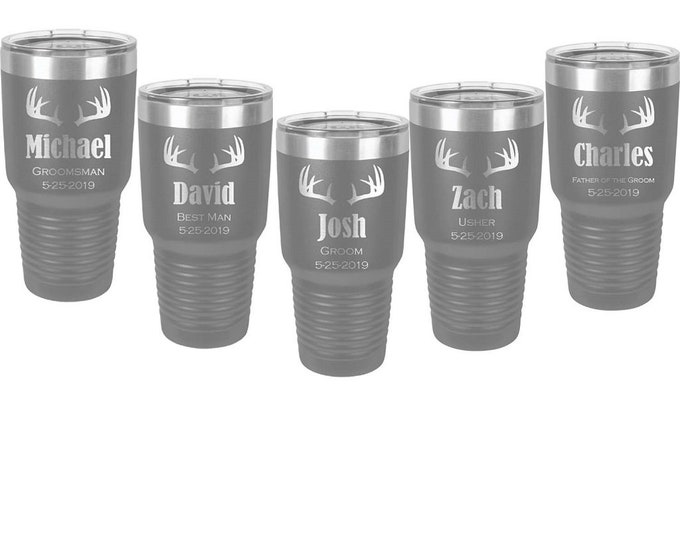 Sets of 2 to 15 Groomsman Tumblers 30 ounce Stainless Steel Custom Engraved with a Clear Lid including Choices of Design, Color and Text