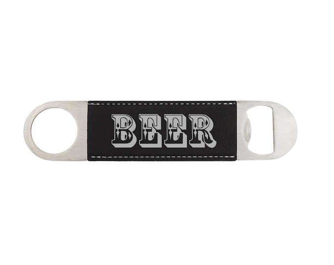 Beer Bottle Opener made of Stainless Steel wrapped in Wood or Leatherette Laser Engraved Including Choice of Twelve Colors and Twelve Fonts