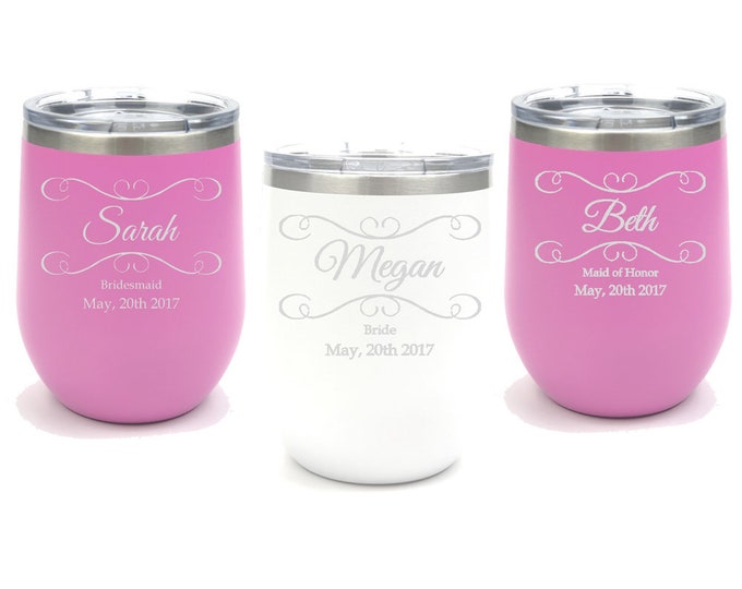 Bridesmaid Scroll Design Tumbler - Stainless Steel Laser Engraved with Clear Lid - Choice of Six Sizes of Tumblers, Color & Spill Proof Lid