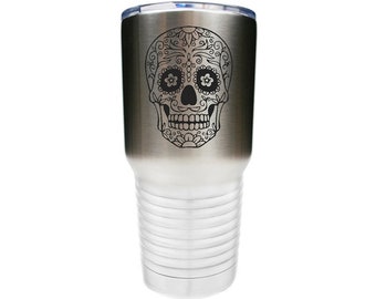 Sugar Skull Tumbler made of Stainless Steel Custom Engraved with a Clear Lid - Choices of 12 - 20 - 30 oz, Color, Name & Spill Proof Lid