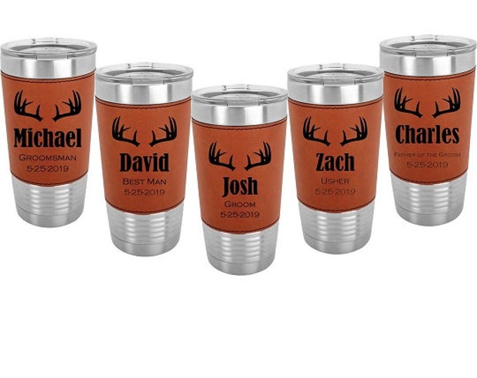 Groomsman Gift - 20 oz Leatherette Stainless Steel Tumbler - Set of 4 to 15 - Engraved w/Clear Lid - Choices of Color, Name, Title & Design