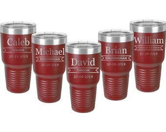 Bridal Party Stainless Steel Tumbler 30 ounce with a Clear Lid - Set of 11 Custom Engraved - Choice of Seventeen Colors and Twelve Designs