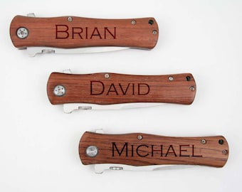 Groomsmen Gift, 7 Personalized Pocket Knives with Wood Handle, Pocket Clip and Gift Box, Custom Engraved, Wedding Favor, Bridal Party Gift
