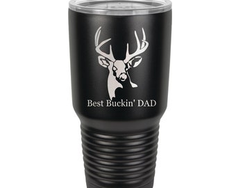 Best Buckin' Detailed Deer Head Tumbler 30 oz Double Wall Stainless Steel with Clear Lid 30 oz Laser Engraved - Choices of Color and Saying
