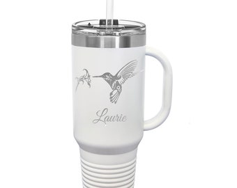 Hummingbird Tumbler with Name of your choice Stainless Steel with a Snap Lid and Straw 40 ounce Laser Engraved Choice of Color