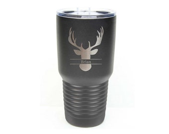 Deer Head Tumbler made of Stainless Steel Custom Engraved with a Clear Lid - Choices of Three Sizes of Tumblers, Twelve Fonts & Color
