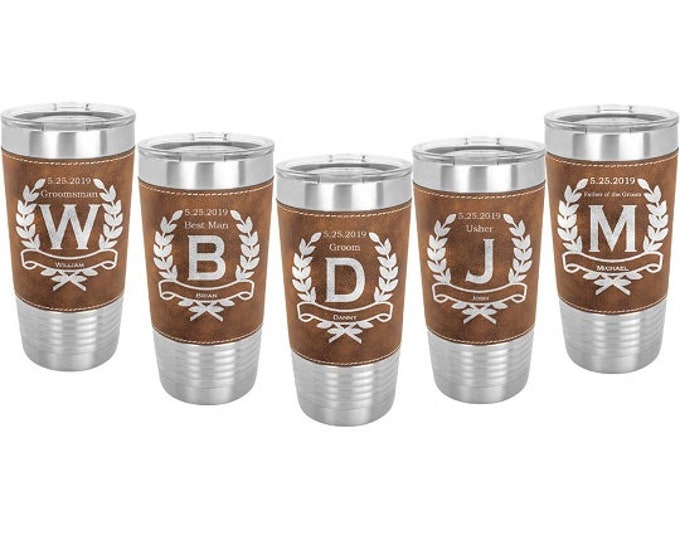 Groomsman 20 oz Leatherette Tumbler made of Stainless Steel with Clear Lid Custom Engraved including Choices of Color, Design, Name & Title