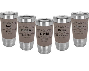Groomsman Leatherette wrapped 20 ounce Stainless Steel Tumbler in Sets of 4 to 15 - Engraved w/Clear Lid including Choices of Color & Design
