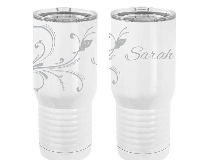 Butterfly Design on a White Tumbler made of Double Wall Stainless Steel 20 oz with Clear Lid including Choices of Thirty-Five Design Colors